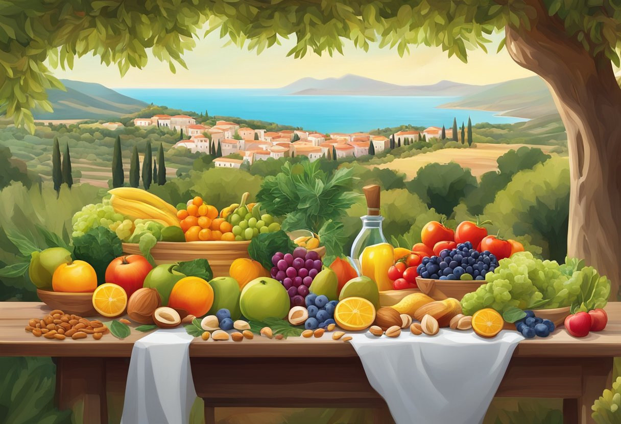 A colorful array of fresh fruits, vegetables, nuts, and grains arranged on a table, with a Mediterranean backdrop of olive trees and a serene coastline