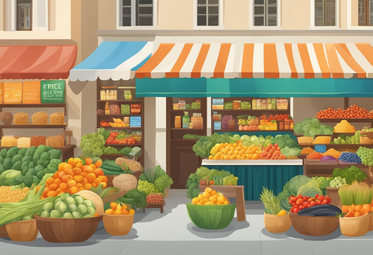 A colorful Mediterranean market with fresh fruits, vegetables, and grains on display. A child-friendly sign promotes gluten-free options