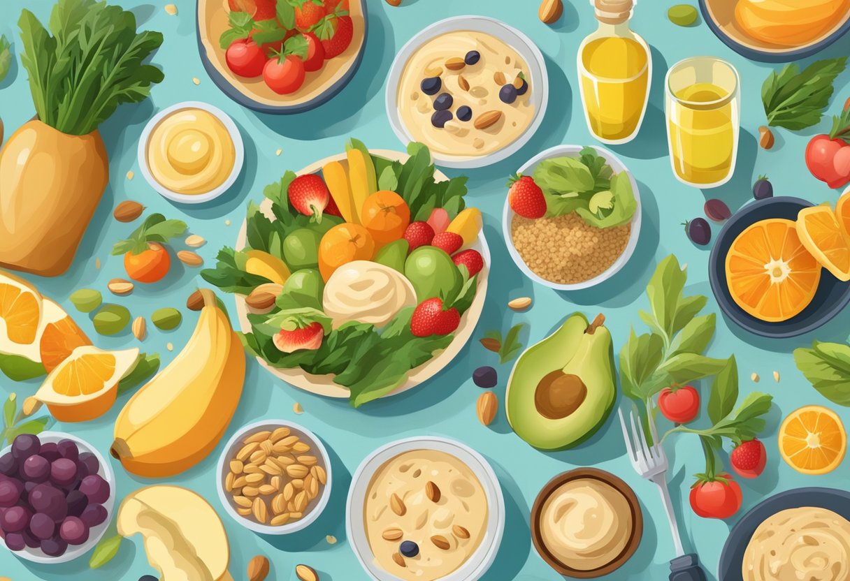 A colorful table filled with fresh fruits, vegetables, nuts, and grains, with a bottle of olive oil and a bowl of hummus, surrounded by happy children