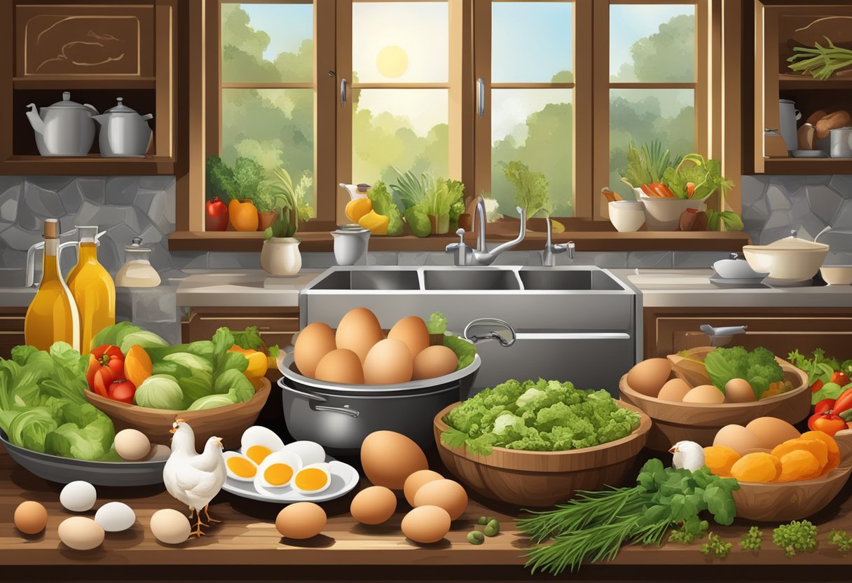 A rustic kitchen with fresh eggs and a variety of poultry, surrounded by colorful vegetables, olive oil, and herbs