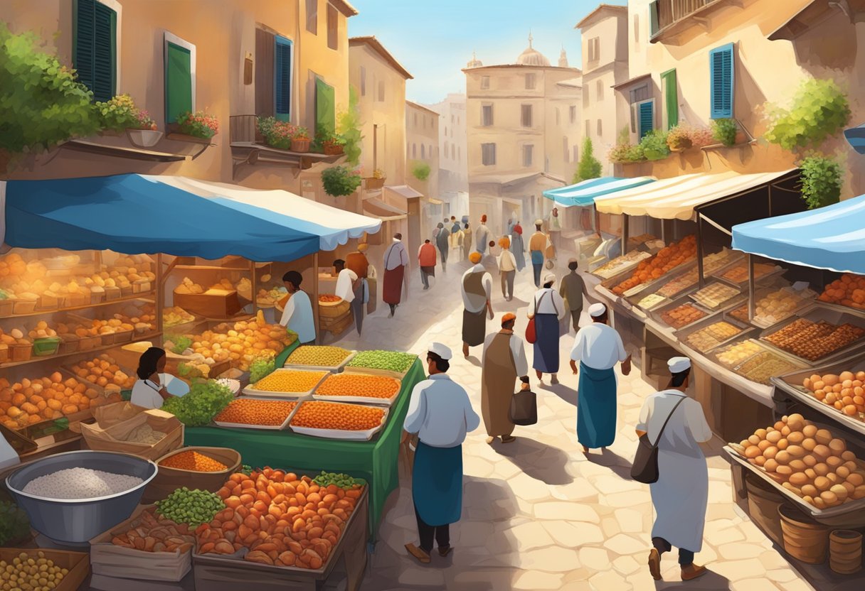 A bustling Mediterranean market with colorful stalls selling fresh poultry and eggs. The air is filled with the sound of clucking chickens and the scent of sizzling spices