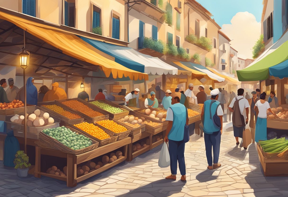 A bustling Mediterranean market with colorful stalls selling fresh poultry and eggs. Customers and vendors interact in a lively and vibrant atmosphere