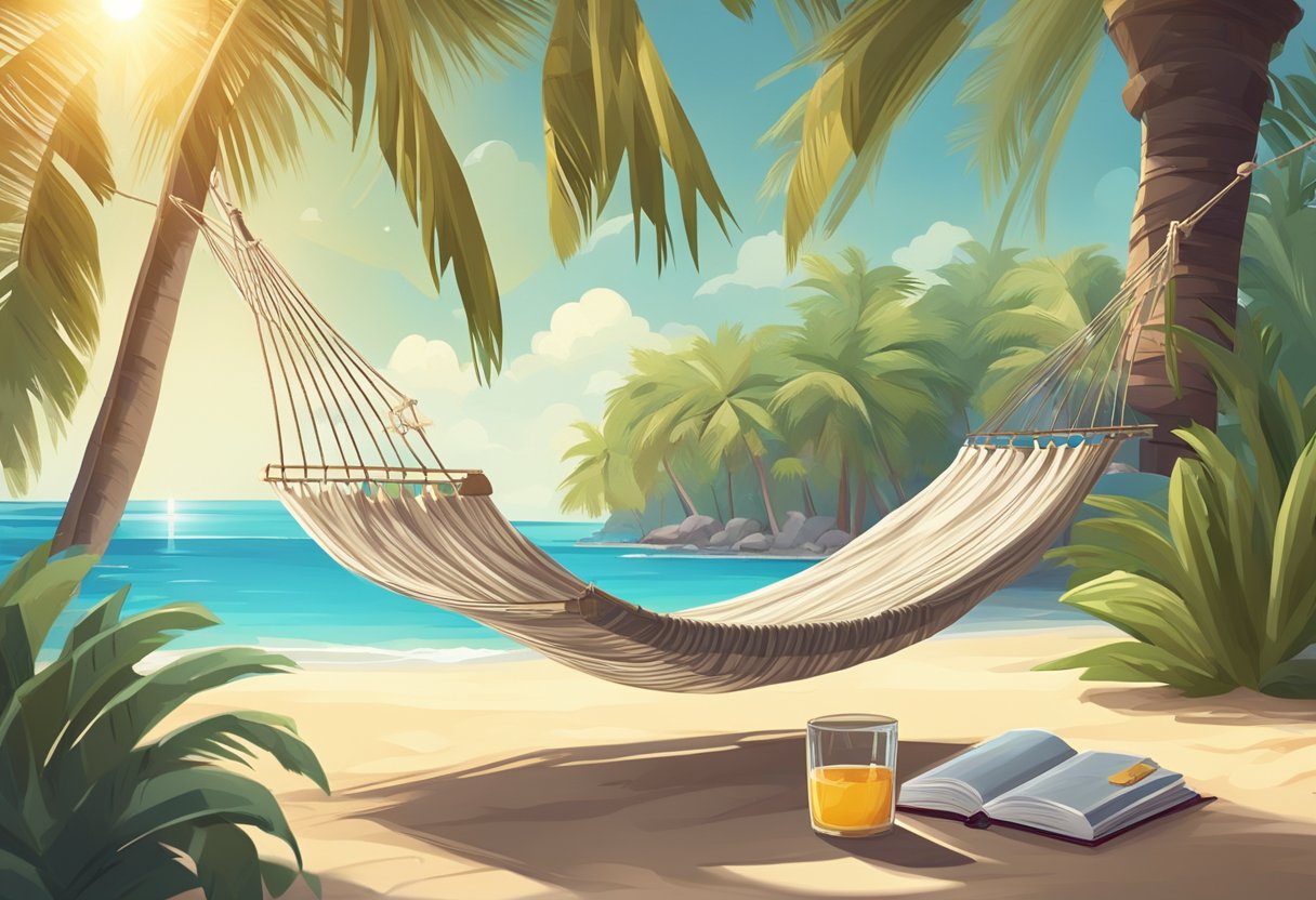 A cozy hammock hanging between two palm trees, with a book and a glass of refreshing drink on a small table nearby. The sun is shining, and a gentle breeze is blowing, creating a peaceful and relaxing atmosphere for a siesta