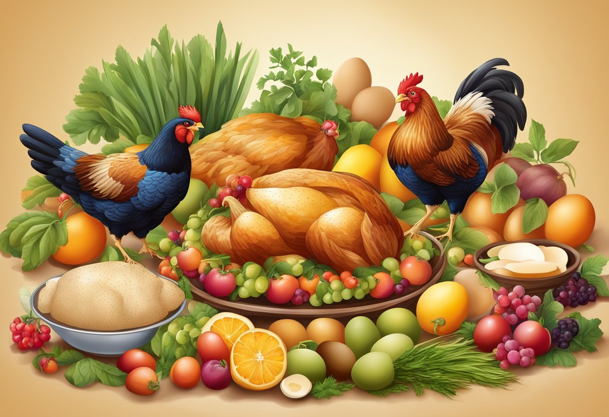 A table set with a variety of poultry and eggs, surrounded by vibrant fruits, vegetables, and grains. The setting is warm and inviting, with a Mediterranean feel