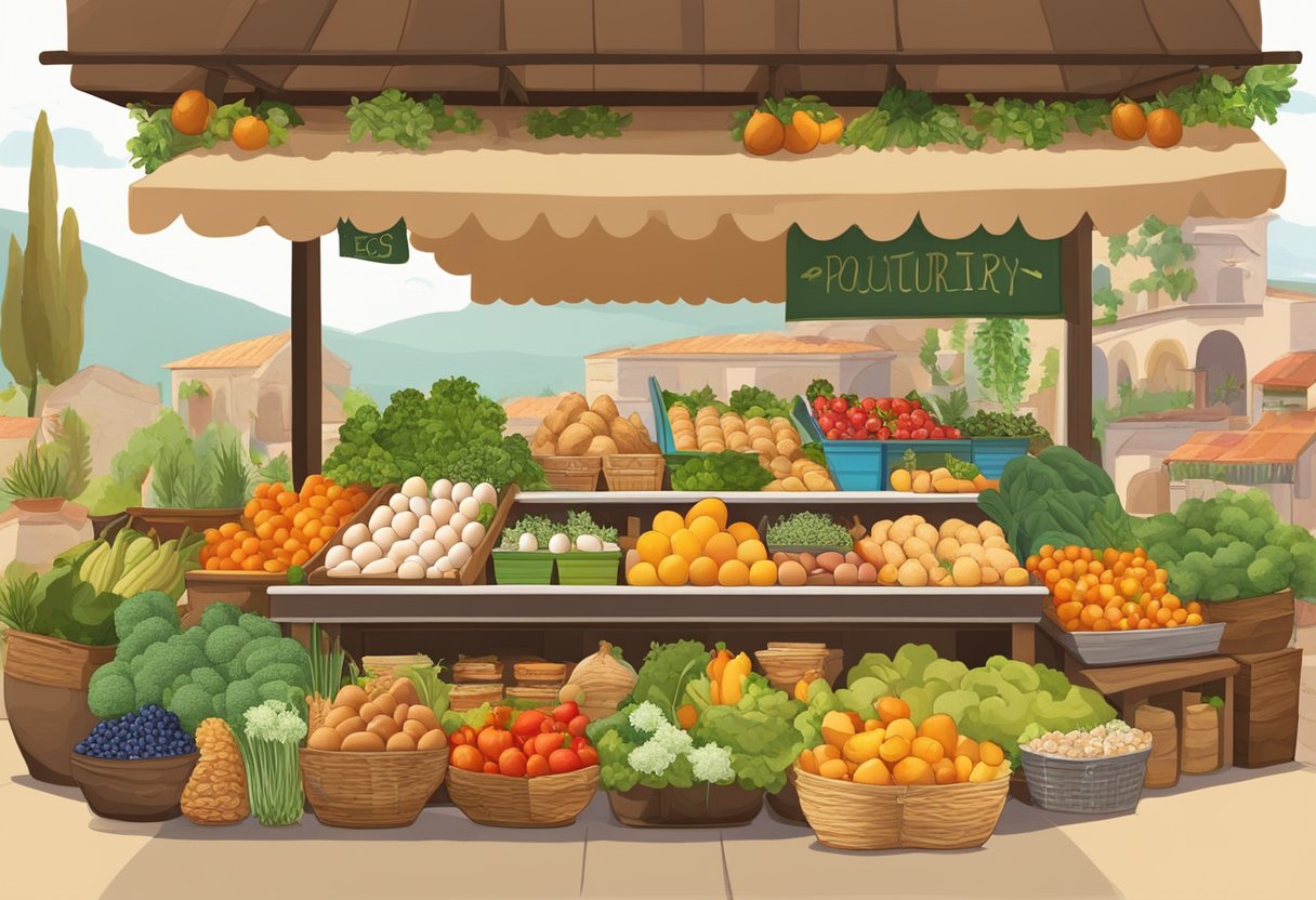 A colorful Mediterranean market stall displays fresh poultry and eggs, surrounded by vibrant fruits, vegetables, and herbs. A sign promotes the health benefits of incorporating poultry and eggs into the Mediterranean diet