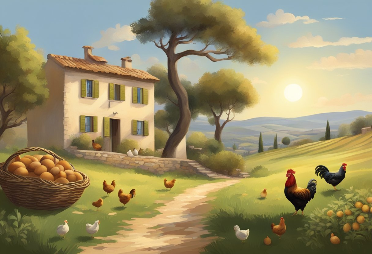 A sunny Mediterranean landscape with rolling hills, olive trees, and a quaint farmhouse. A flock of chickens pecking at the ground, while a rooster crows in the distance. A basket of fresh eggs sits on a rustic wooden table