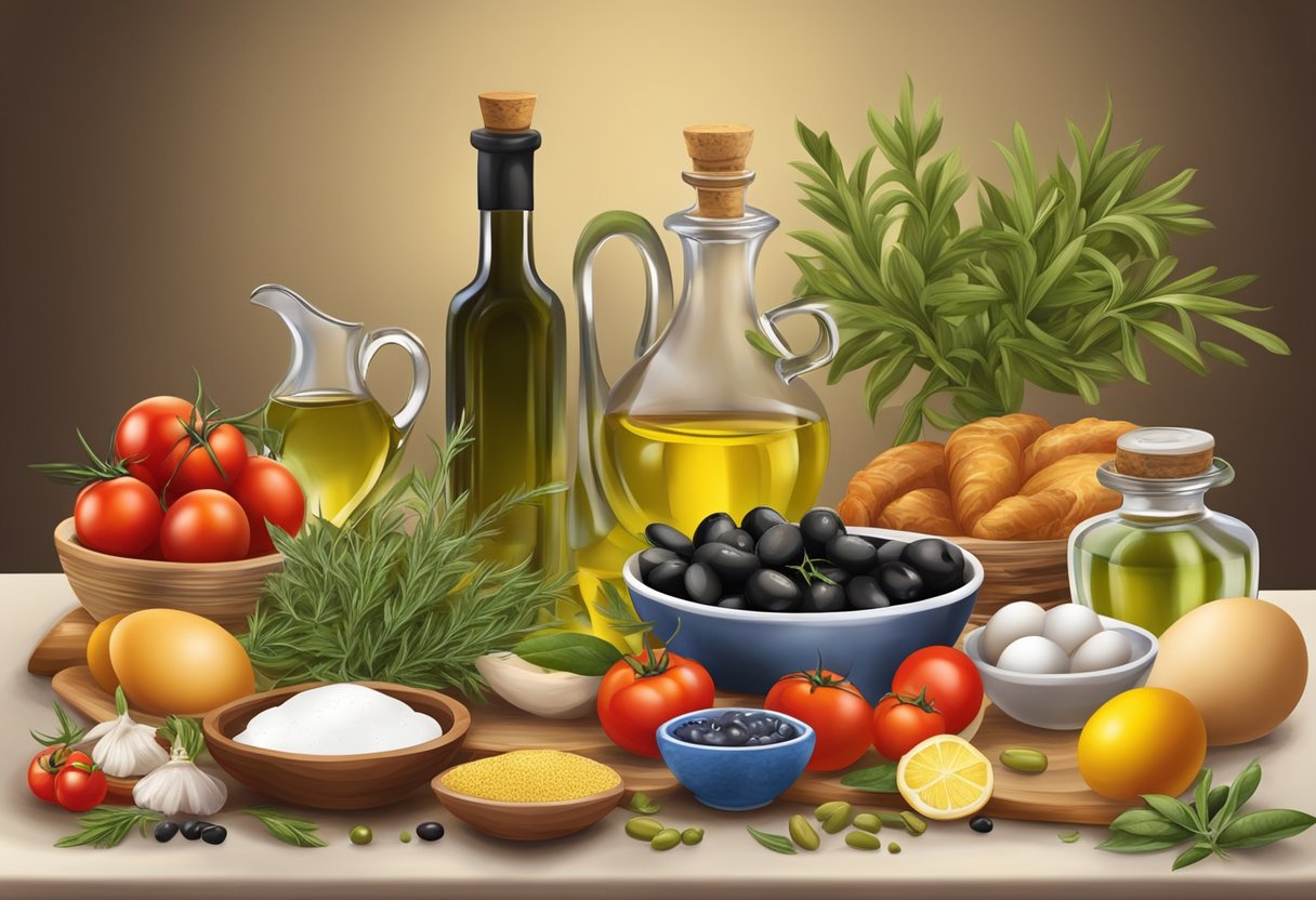 A table set with a colorful array of Mediterranean ingredients, including olives, tomatoes, olive oil, herbs, poultry, and eggs