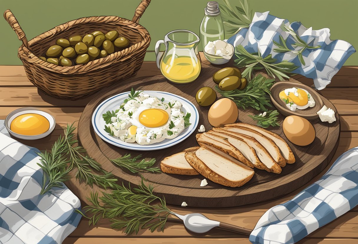 A rustic kitchen table displays a spread of olives, feta cheese, and grilled chicken, surrounded by fresh herbs and a basket of eggs