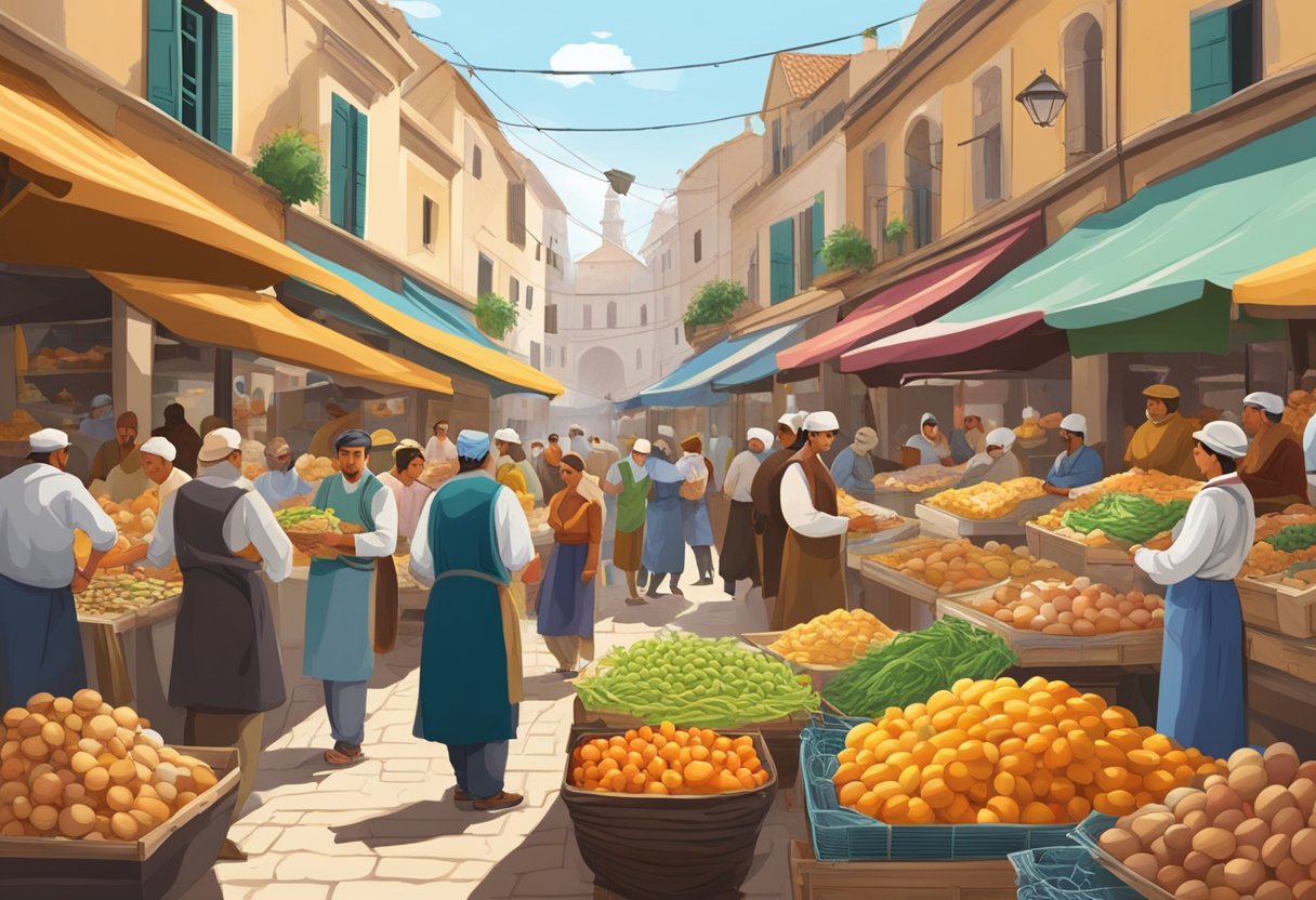 A bustling Mediterranean market with colorful displays of poultry and eggs, surrounded by eager customers and vendors exchanging goods