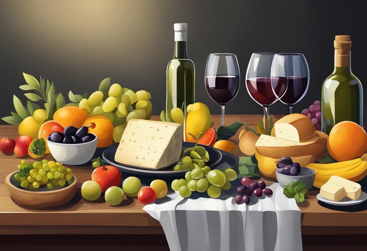 A table set with a variety of colorful fruits, vegetables, olives, bread, cheese, and olive oil. A bottle of wine and glasses are also present