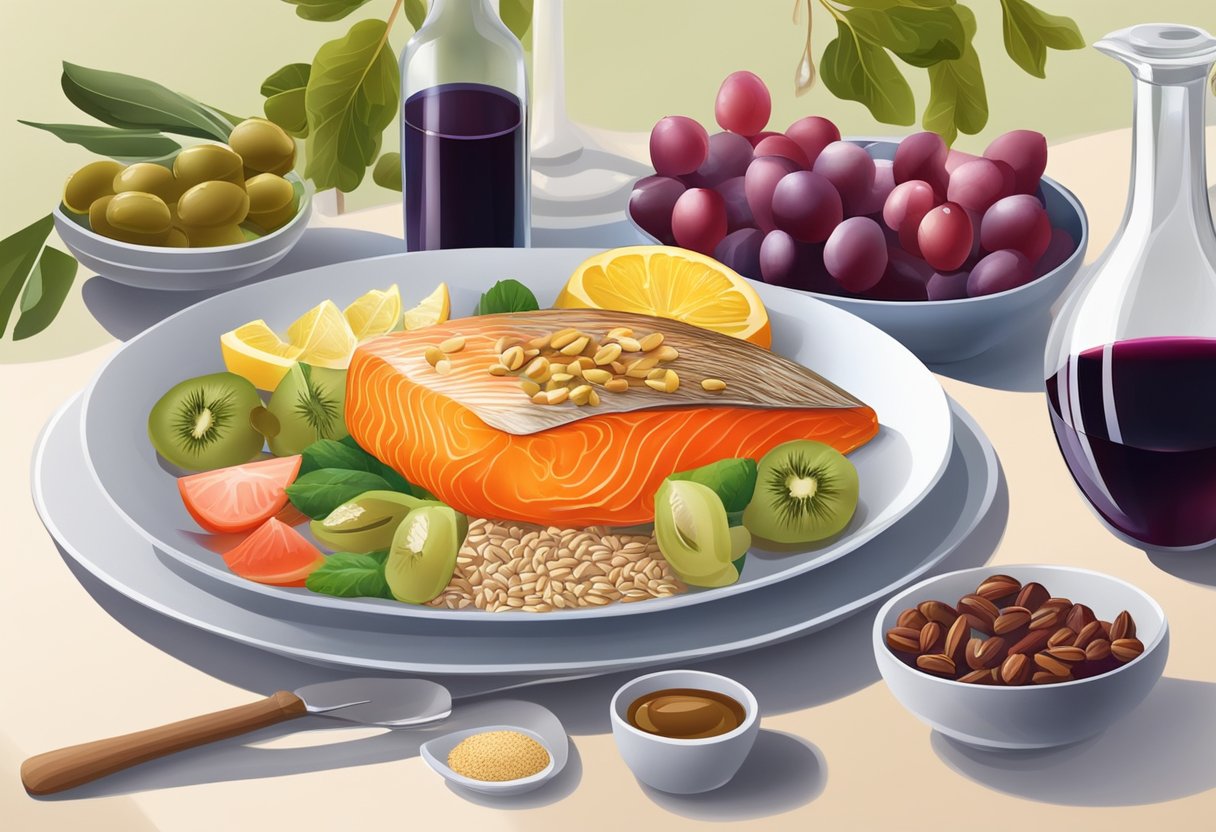 A table set with colorful fruits, vegetables, whole grains, and olive oil. A bottle of red wine and a plate of fish and nuts