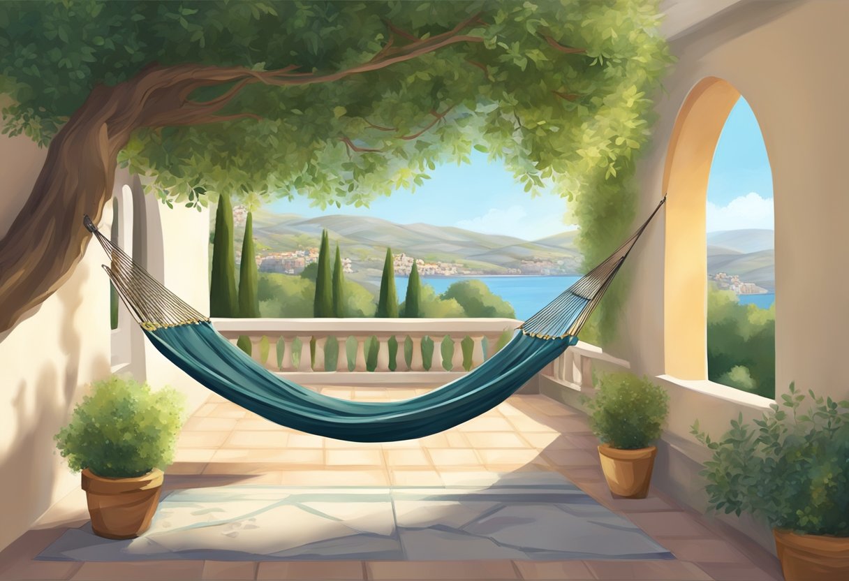 A cozy Mediterranean villa with a hammock under a shady olive tree, where a gentle breeze lulls the surroundings into a peaceful midday siesta