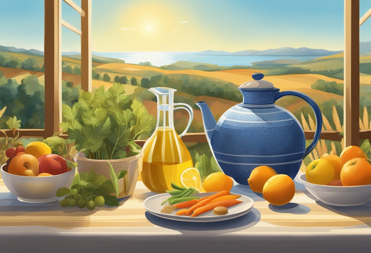 A table set with fresh fruits, vegetables, grains, and olive oil. A reusable water jug sits alongside ceramic plates and utensils. The scene is bathed in warm sunlight, with a backdrop of rolling hills and a sparkling sea