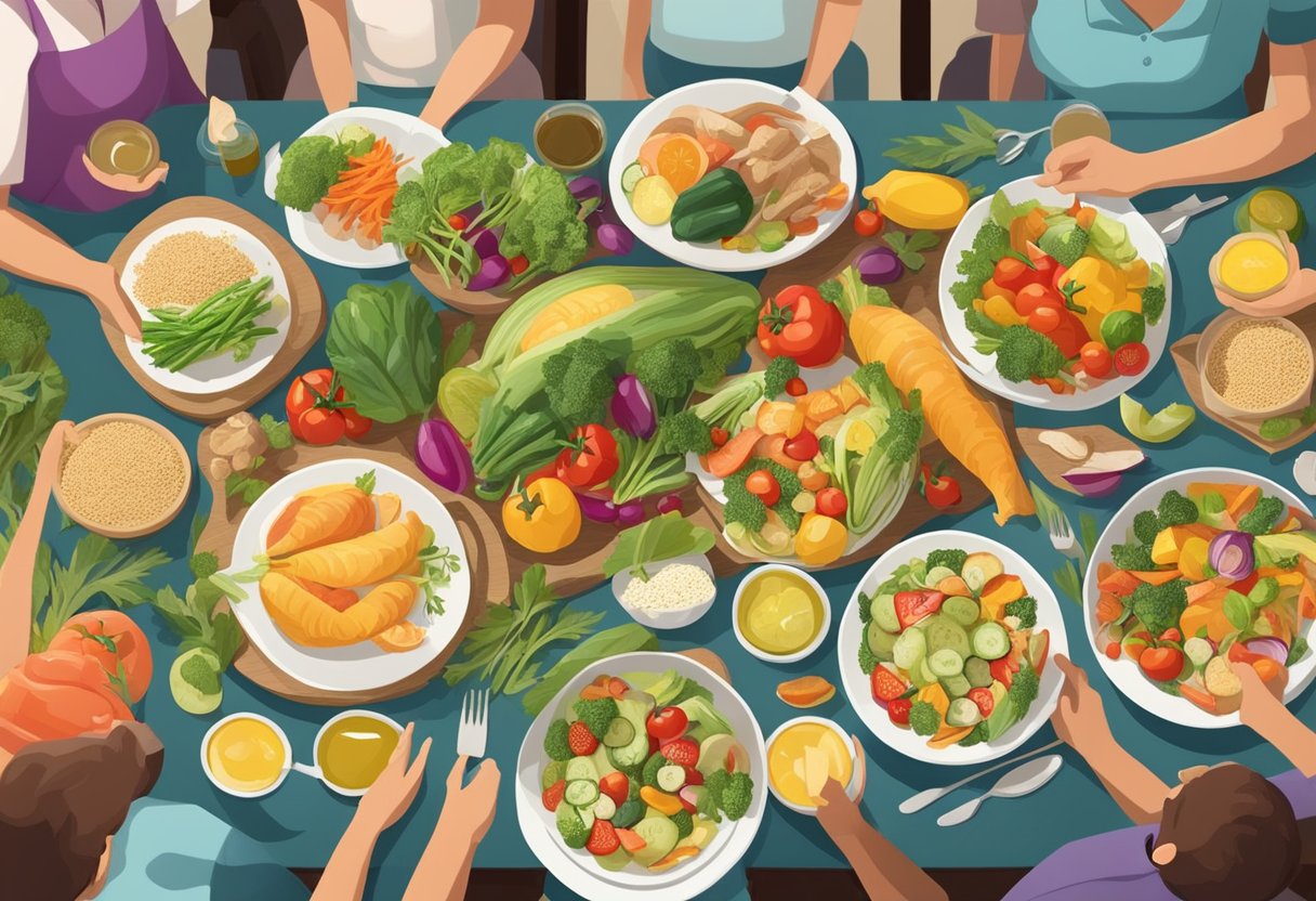 A table set with a variety of fresh vegetables, fruits, whole grains, olive oil, and fish, surrounded by family members sharing a meal