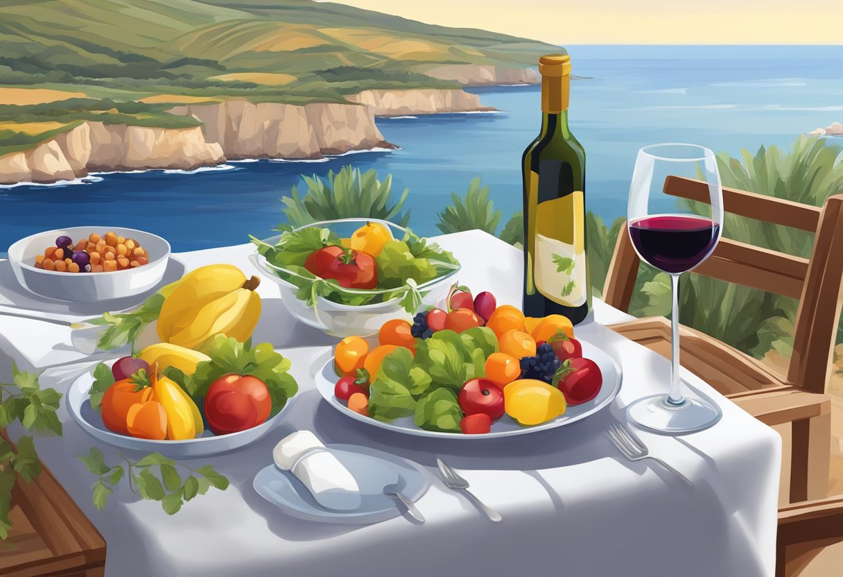 A table set with colorful, fresh fruits, vegetables, and grains. A bottle of olive oil and a glass of red wine accompany the meal. The setting is outdoors with a view of the Mediterranean Sea