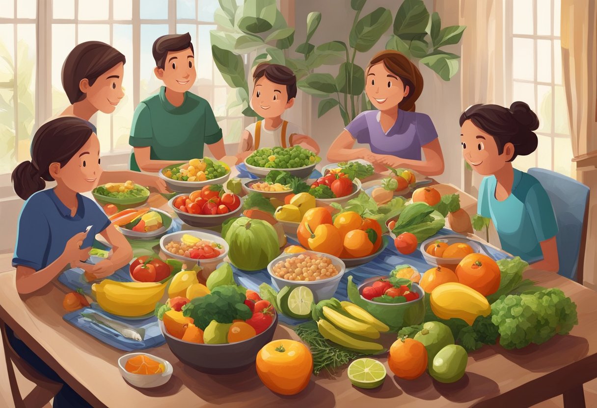 A family gathers around a table, with a variety of fresh fruits, vegetables, grains, and fish. The table is set with colorful dishes and the room is filled with the aroma of olive oil and herbs