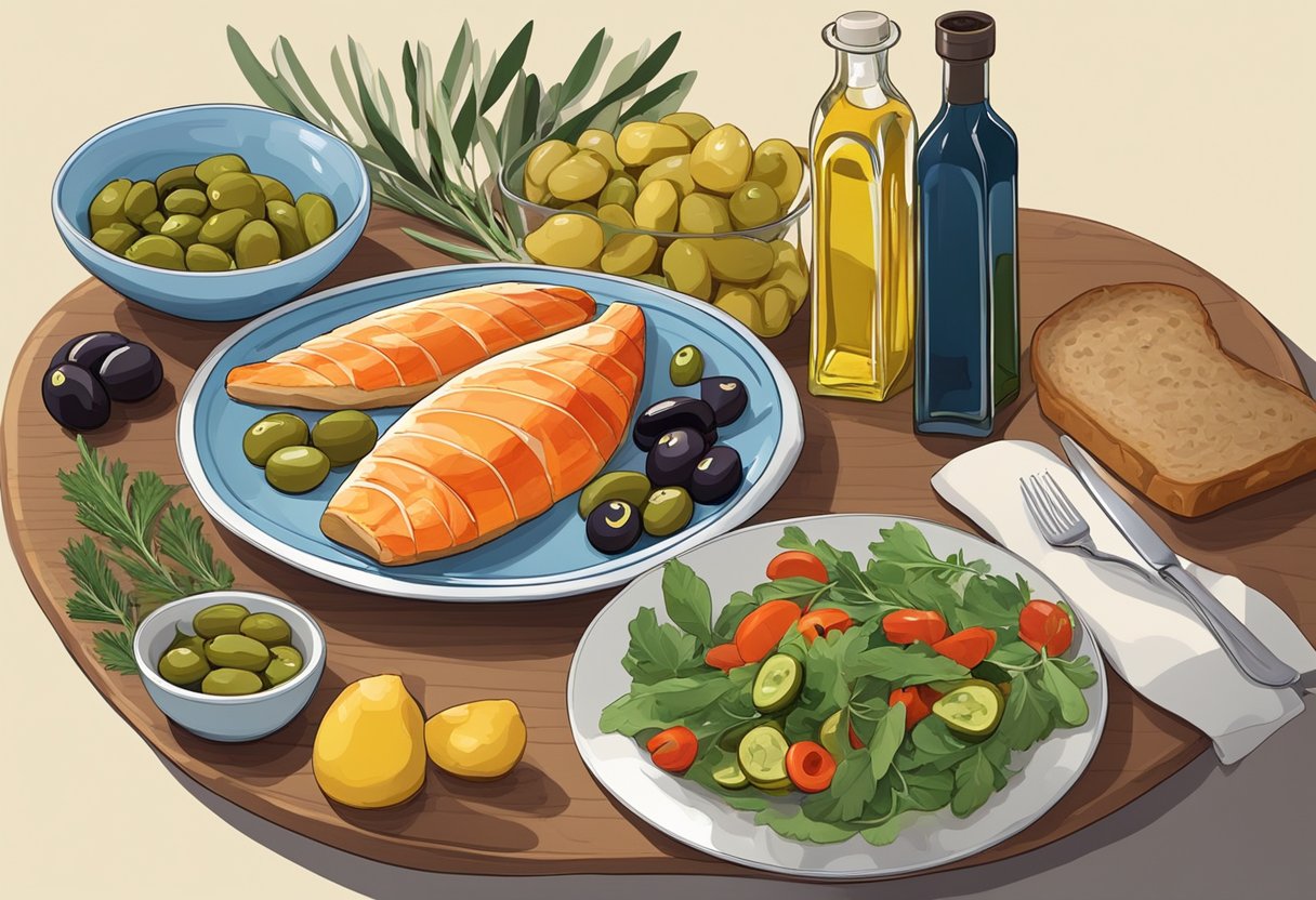 A table set with colorful plates of fish, vegetables, and olives. A bottle of olive oil and a loaf of bread sit in the center