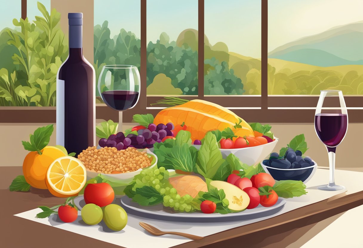 A table with a variety of fresh fruits, vegetables, whole grains, olive oil, and fish. A bowl of colorful salad and a glass of red wine