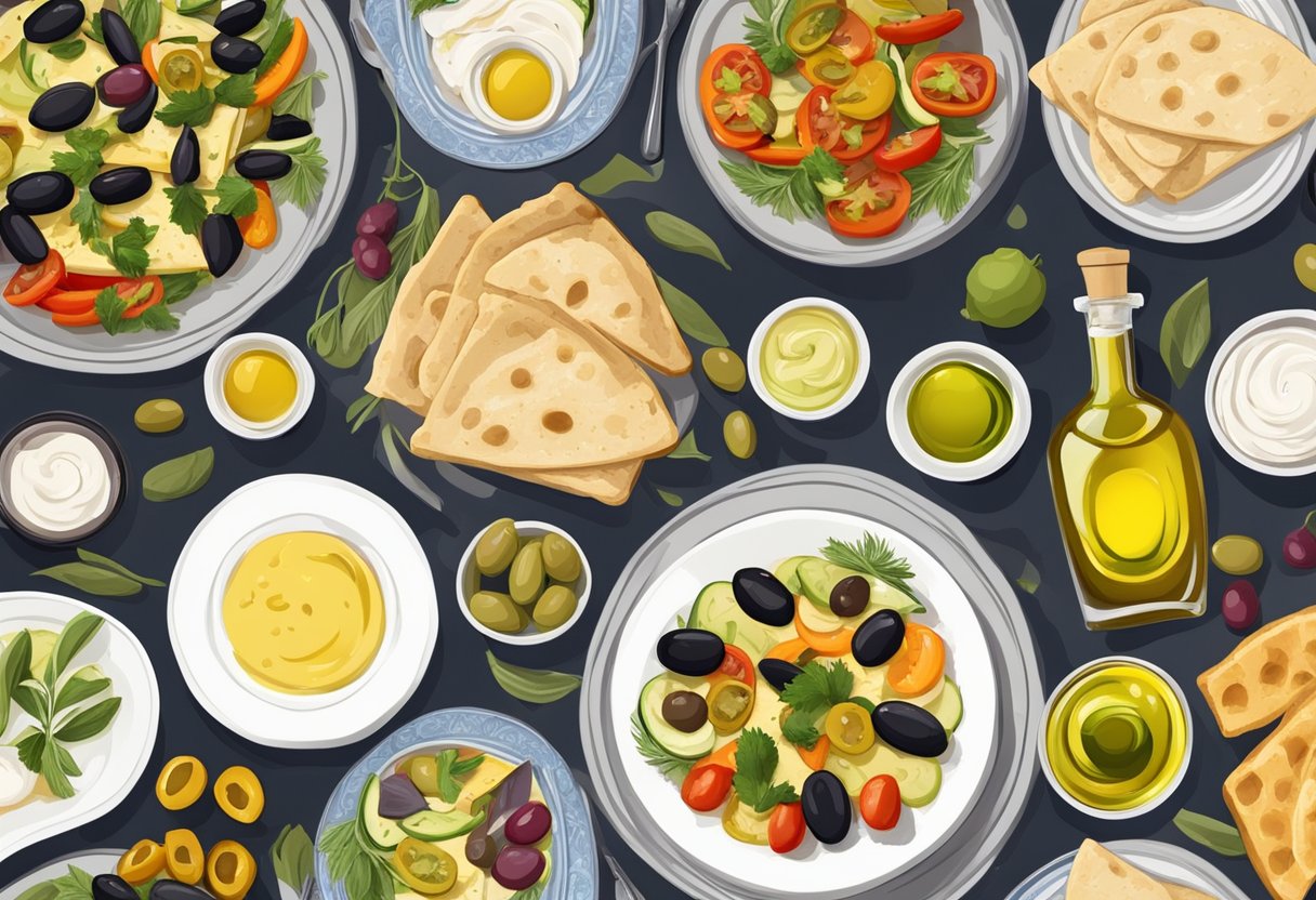 A table set with various Mediterranean dishes, including olives, hummus, pita bread, grilled vegetables, and a bottle of olive oil