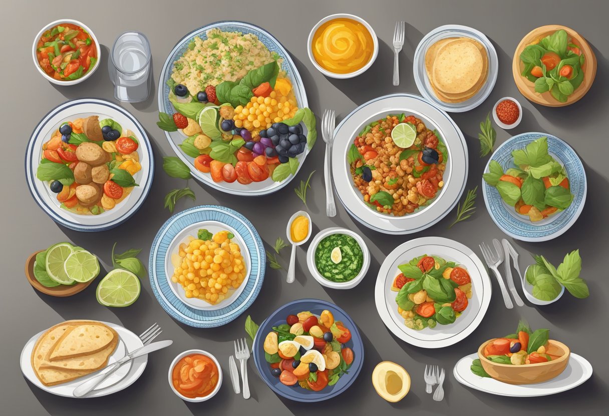 A table set with a variety of colorful, fresh Mediterranean foods in appropriate portion sizes. A schedule showing the frequency of meals throughout the day