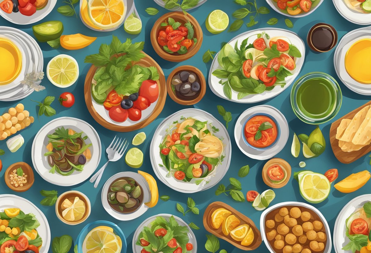 A table set with small portions of colorful, fresh Mediterranean foods, arranged in a balanced and visually appealing manner