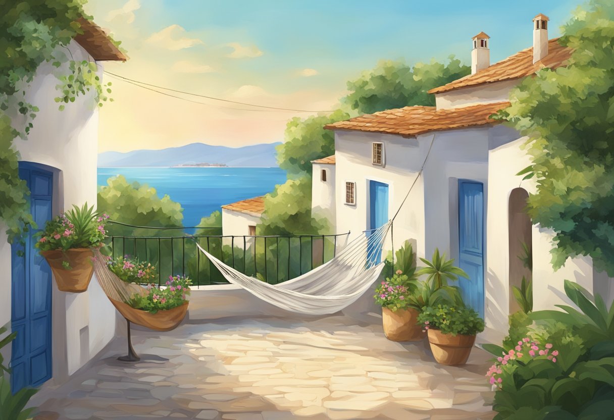 A serene Mediterranean village with whitewashed buildings and lush greenery. A hammock sways gently in the warm breeze, inviting rest and relaxation