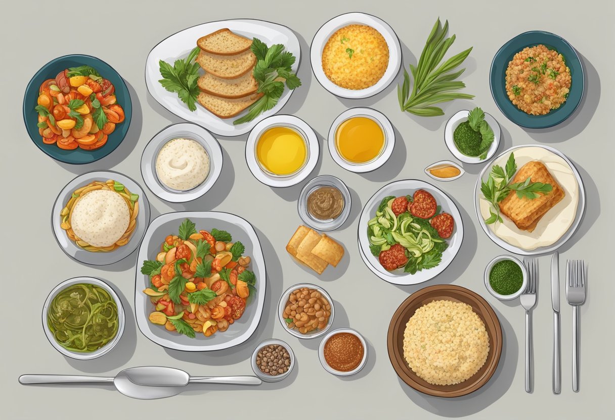 A table set with various portion sizes of gluten-free Mediterranean dishes, showcasing the frequency and variety of meals on the diet