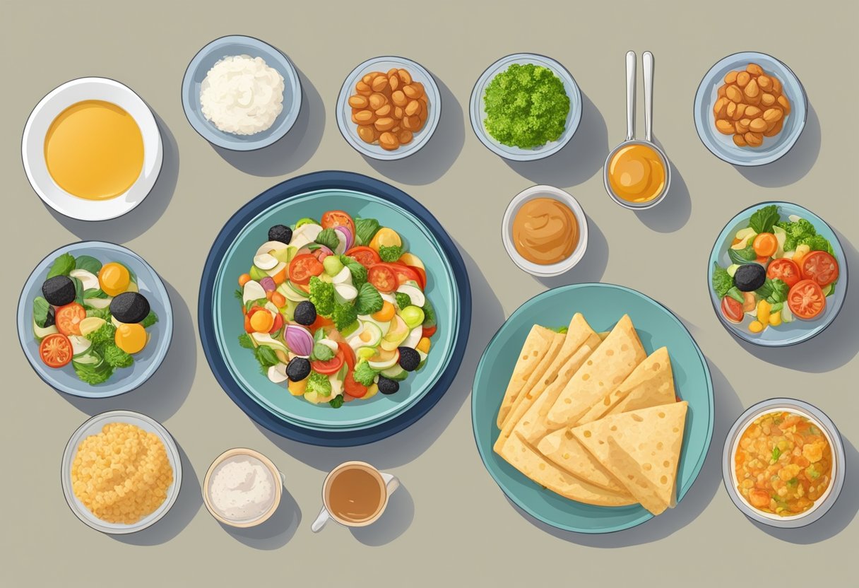 A table with colorful plates of gluten-free Mediterranean dishes in varying portion sizes, next to a schedule showing the frequency of meals on the diet