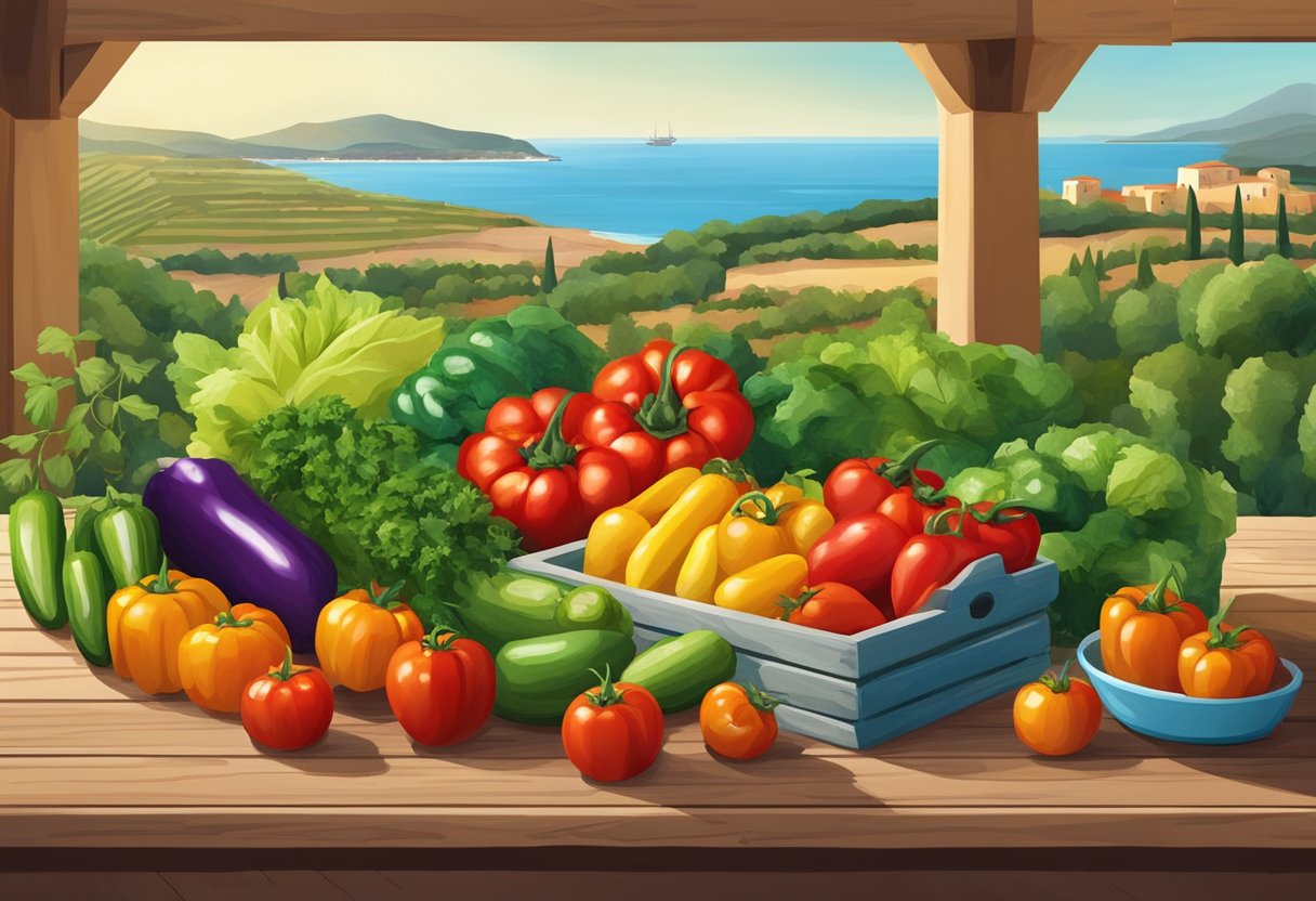 A colorful array of fresh vegetables, including tomatoes, cucumbers, and bell peppers, arranged on a rustic wooden table with a backdrop of olive trees and the Mediterranean sea