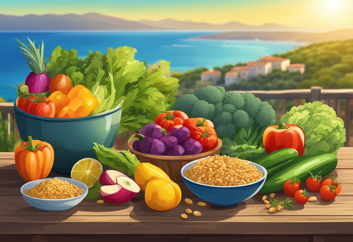 A colorful array of fresh vegetables, fruits, and grains arranged on a rustic wooden table, bathed in warm natural light