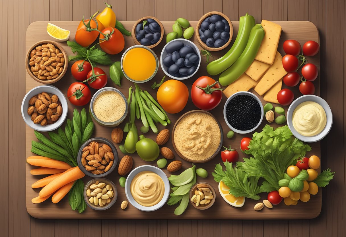 A colorful spread of fresh vegetables, fruits, nuts, and seeds arranged on a wooden platter, surrounded by jars of olives, hummus, and gluten-free crackers