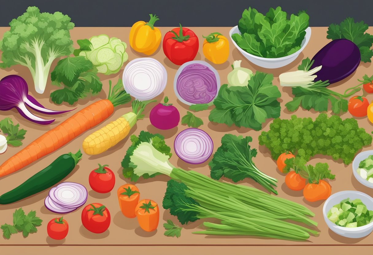 Fresh vegetables being washed, chopped, and arranged on a clean cutting board. A variety of colorful produce and herbs are spread out, ready for meal prep