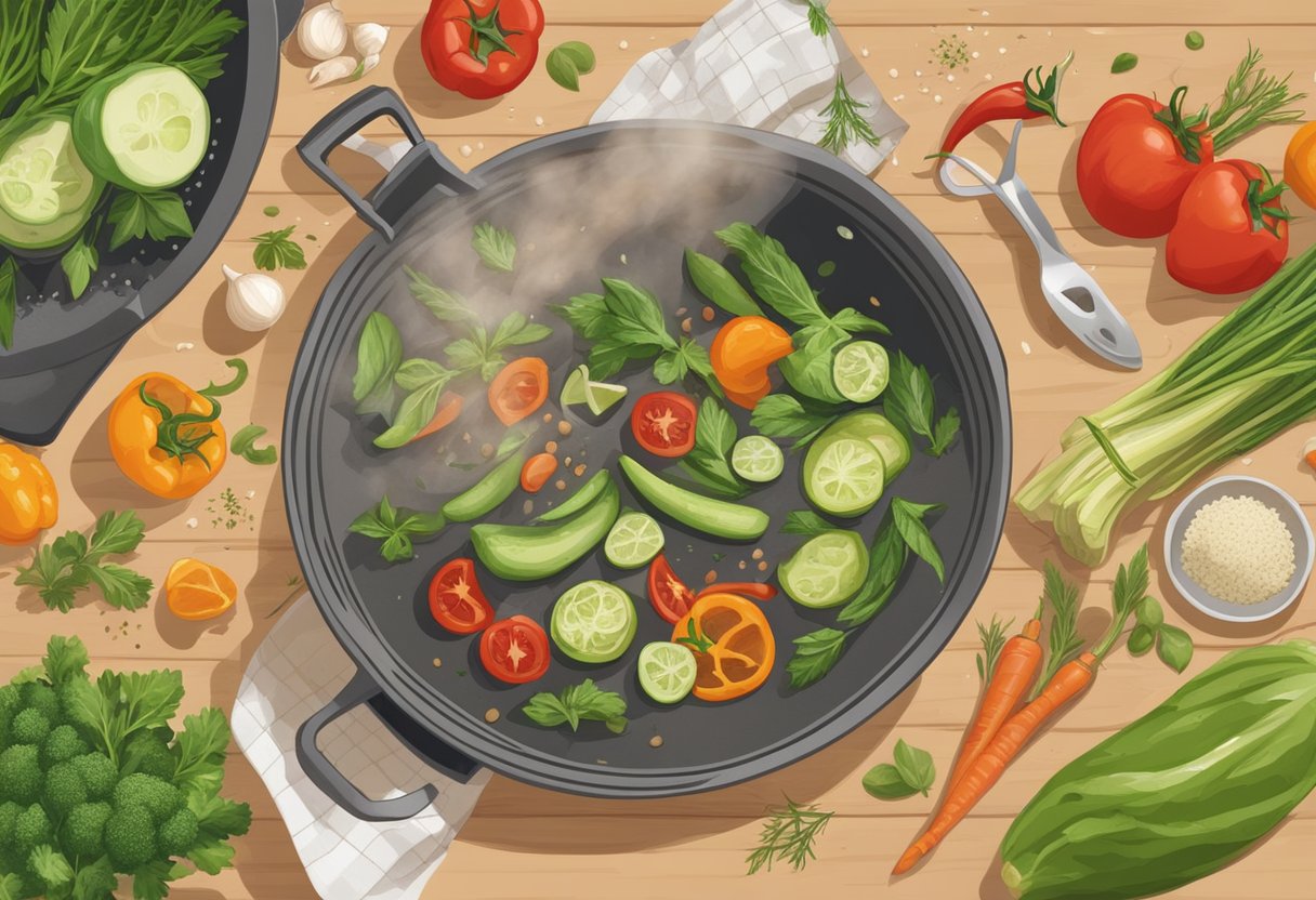 Fresh vegetables being chopped, sizzling in a pan, and being tossed with herbs and spices in a Mediterranean kitchen