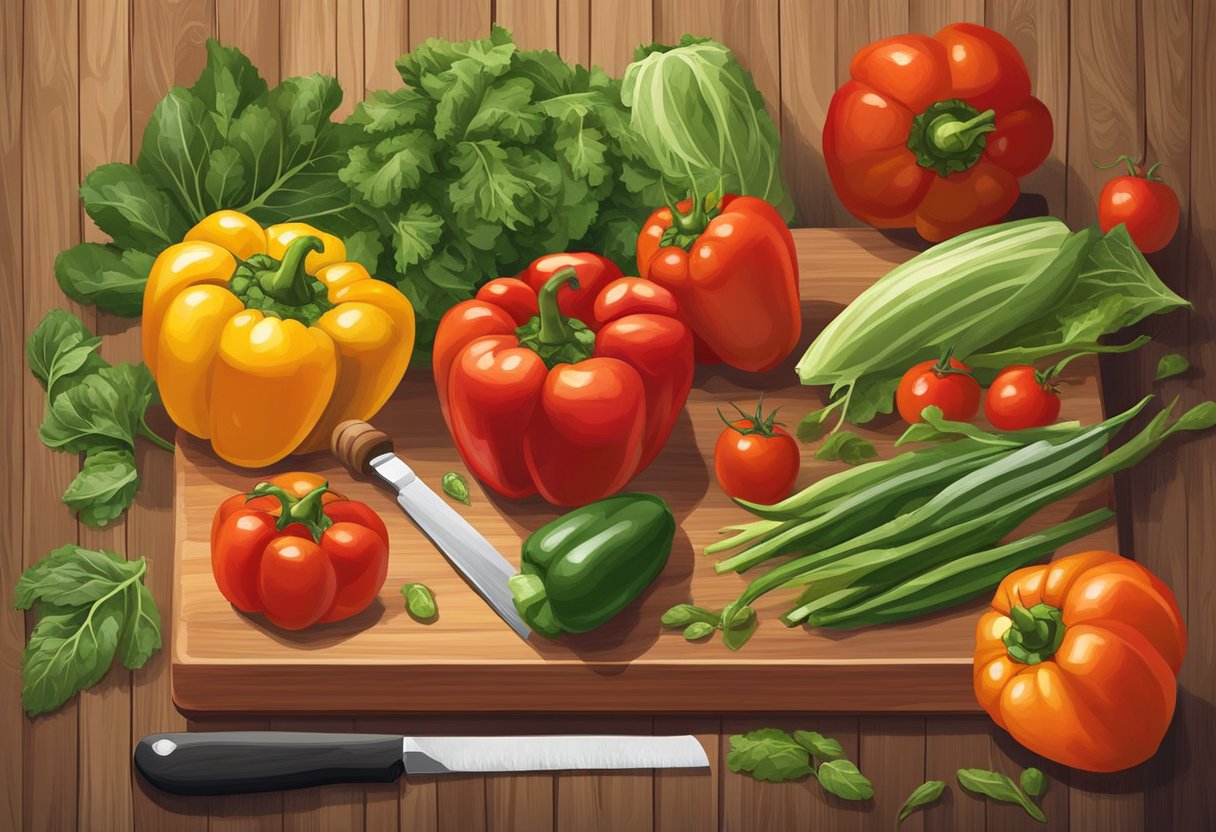A colorful array of vegetables, including vibrant bell peppers, leafy greens, and ripe tomatoes, arranged on a wooden cutting board with a knife and olive oil nearby