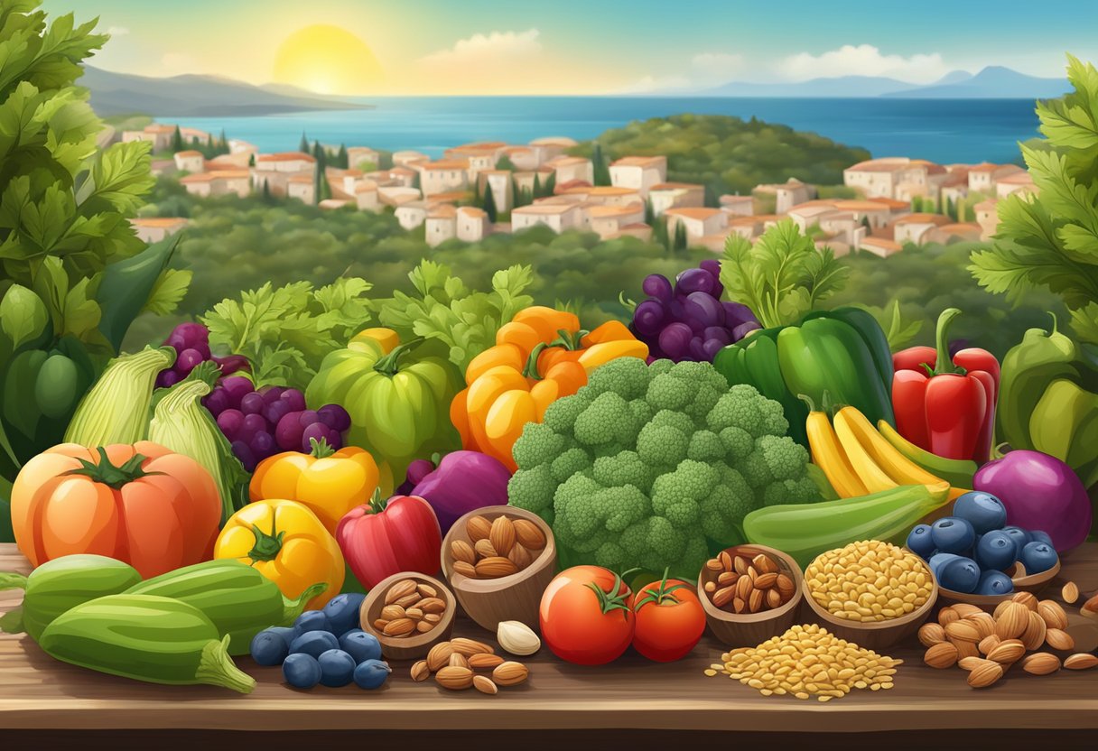 A colorful array of fresh vegetables, fruits, nuts, and grains arranged on a rustic wooden table, with a backdrop of Mediterranean scenery
