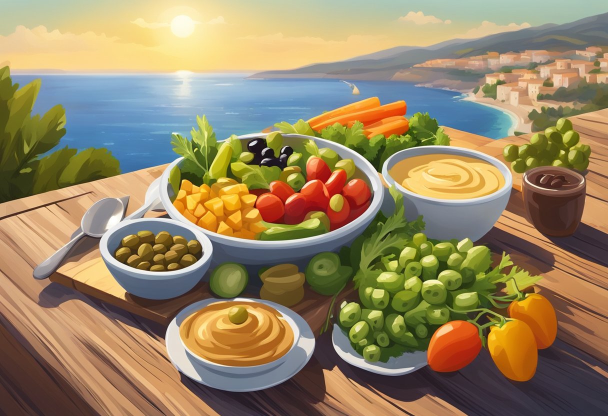 A colorful spread of fresh vegetables, olives, and hummus on a rustic wooden table, bathed in warm sunlight with a view of the Mediterranean sea in the background