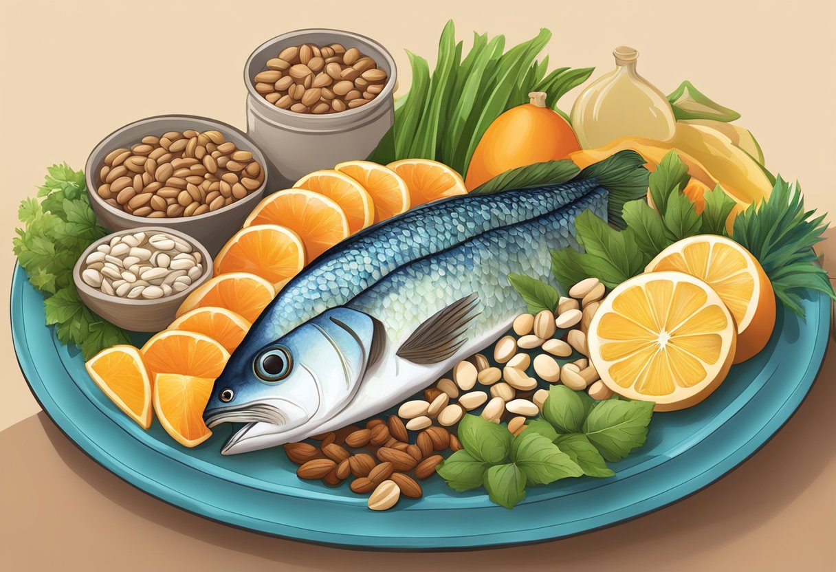 Assorted protein sources like fish, legumes, nuts, and seeds arranged on a colorful Mediterranean-inspired platter