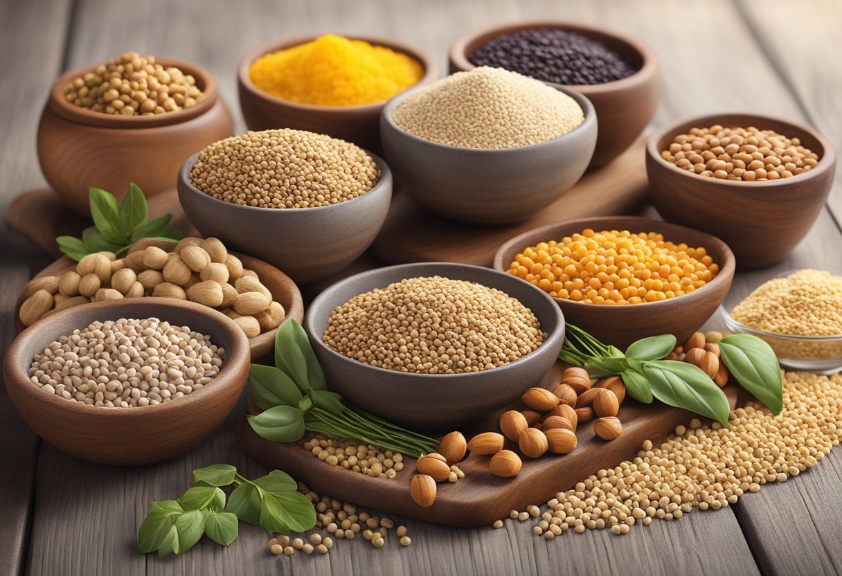 A table displays a variety of gluten-free grains and alternative proteins, including quinoa, lentils, chickpeas, and nuts, in a Mediterranean setting