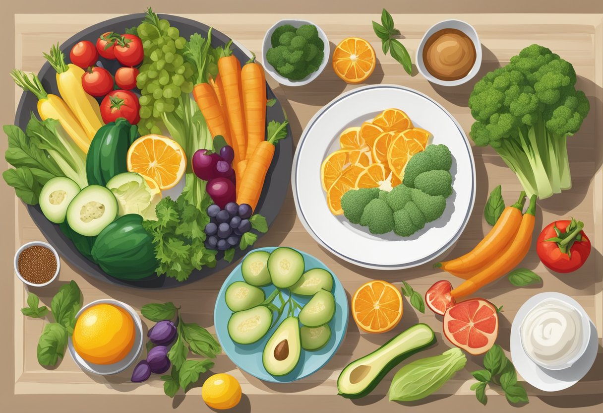 A colorful array of fresh vegetables, fruits, and protein sources arranged on a Mediterranean-style table setting