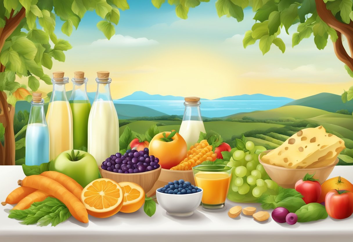 A table with a variety of dairy and legume products, surrounded by colorful fruits and vegetables. A Mediterranean landscape in the background