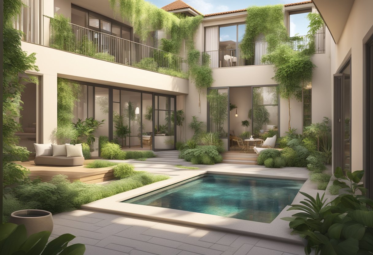 A tranquil courtyard with lush greenery and a bubbling fountain, surrounded by open, airy rooms with natural light and calming color schemes