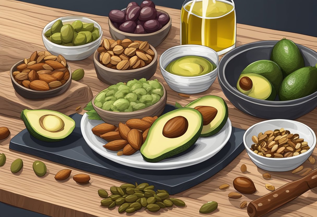 A variety of nuts, seeds, avocados, and olives arranged on a wooden cutting board with a drizzle of olive oil. Grilled fish and lean meats on a separate plate