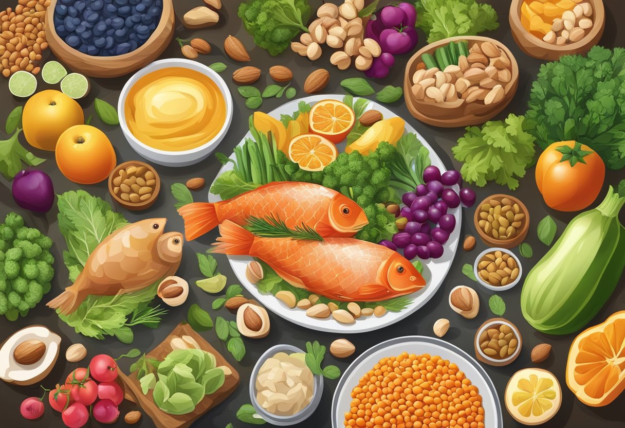 A table set with a variety of proteins such as fish, poultry, legumes, and nuts, surrounded by colorful fruits and vegetables, all arranged in a Mediterranean style