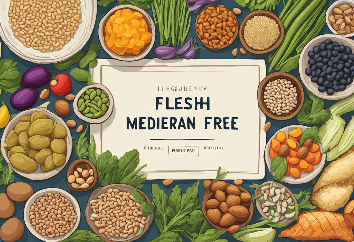 A colorful array of Mediterranean-inspired foods, including fish, legumes, nuts, and fresh vegetables, are arranged on a table with a prominent "Frequently Asked Questions Proteins on the Gluten-free Mediterranean Diet" sign