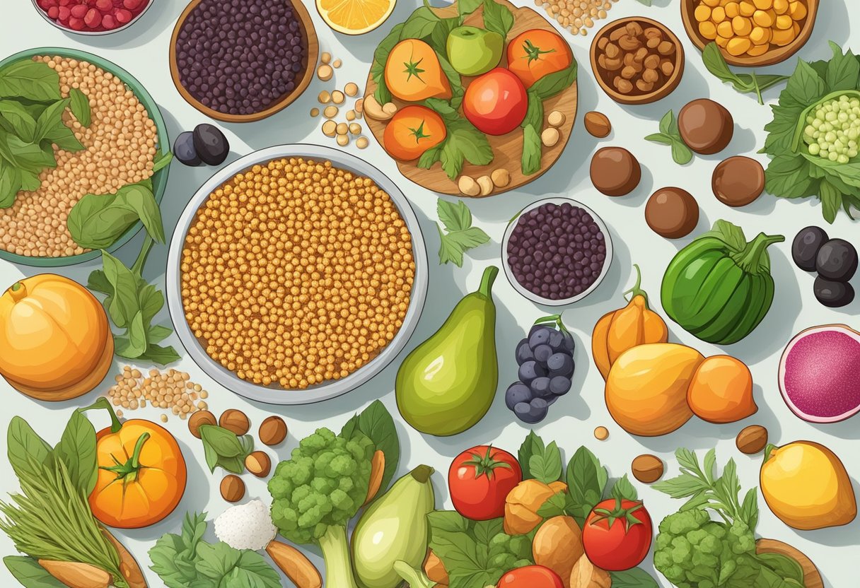 A table set with a variety of colorful fruits, vegetables, legumes, and grains, with a focus on gluten-free options like quinoa, amaranth, and chickpeas