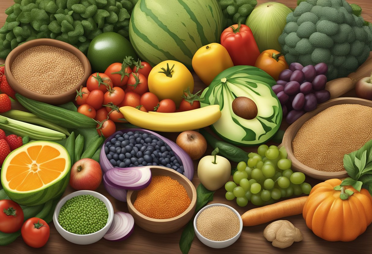 A colorful array of fruits and vegetables arranged on a table, surrounded by whole grains and legumes, capturing the essence of a balanced gluten-free Mediterranean diet