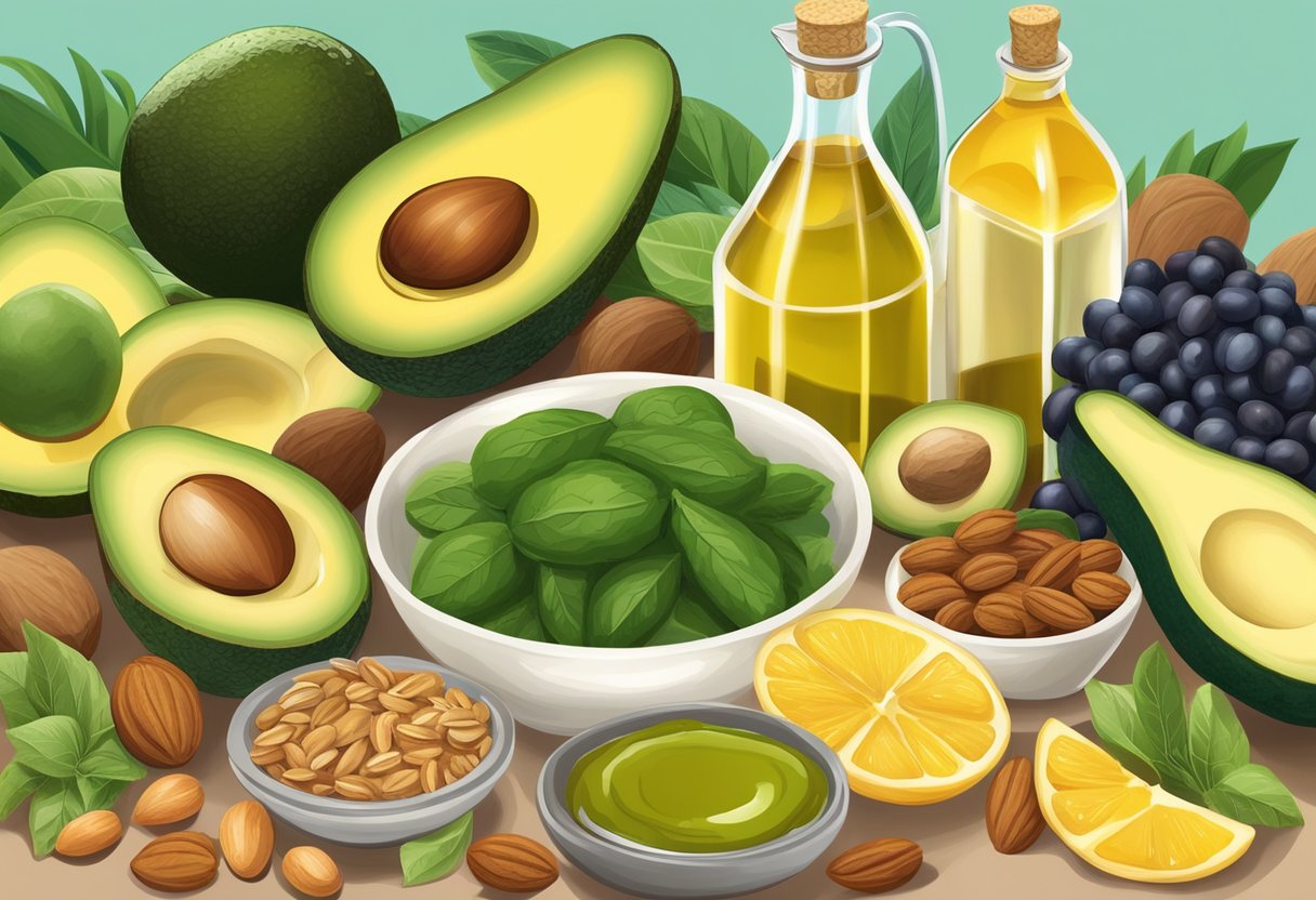 A table with a variety of healthy fats and oils, such as avocados, olive oil, and nuts, balanced alongside colorful and diverse carbohydrate sources, including fruits, vegetables, and gluten-free grains, all set against a Mediterranean backdrop