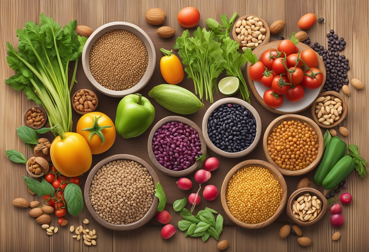 A colorful array of beans, lentils, quinoa, and nuts, surrounded by fresh vegetables and fruits, sits on a wooden table, representing a balanced gluten-free Mediterranean diet