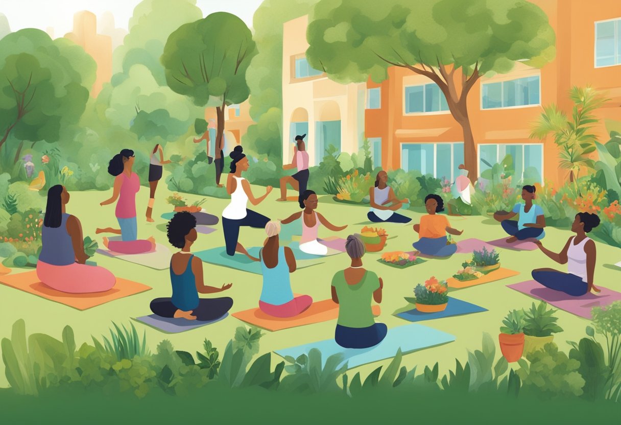 A diverse group of people gather in a vibrant, green community space, engaging in activities like yoga, gardening, and sharing healthy meals. The atmosphere is warm and welcoming, promoting holistic wellness and sustainable living