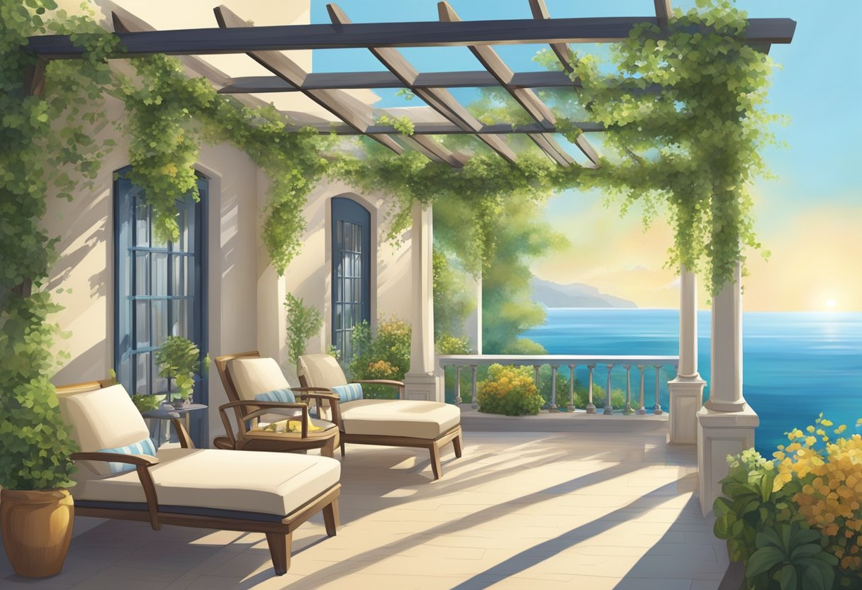 A sunlit terrace with lush greenery and comfortable seating, overlooking the calming blue sea. A pergola provides shade and a sense of tranquility